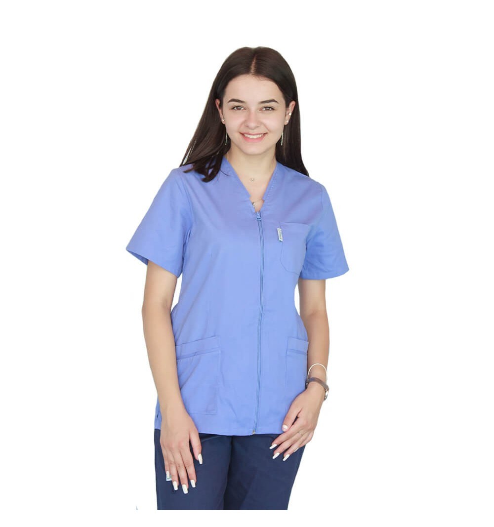 Bluza in V cu fermoar si maneca scurta, Lotus 3, BBC, stretch, albastru ciel
