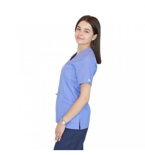 Bluza in V cu fermoar si maneca scurta, Lotus 3, BBC, stretch, albastru ciel