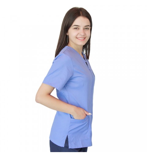 Bluza in V cu fermoar si maneca scurta, Lotus 3, BBC, stretch, albastru ciel