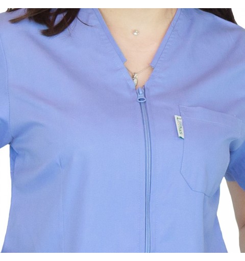 Bluza in V cu fermoar si maneca scurta, Lotus 3, BBC, stretch, albastru ciel