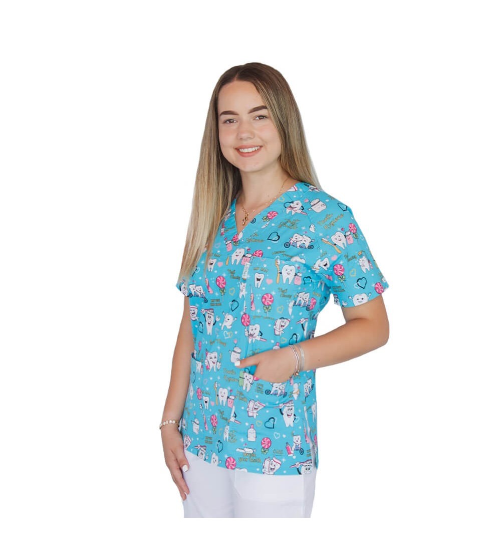 Bluza medicala imprimata, bumbac si elastan, Twice a day